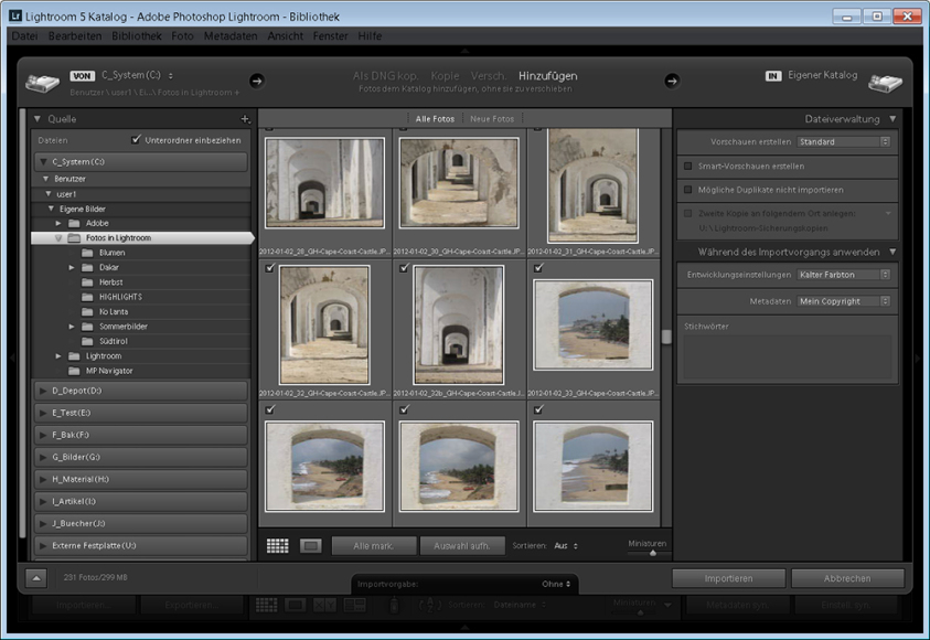 Lightroom Import Einstellungen Bilder importieren