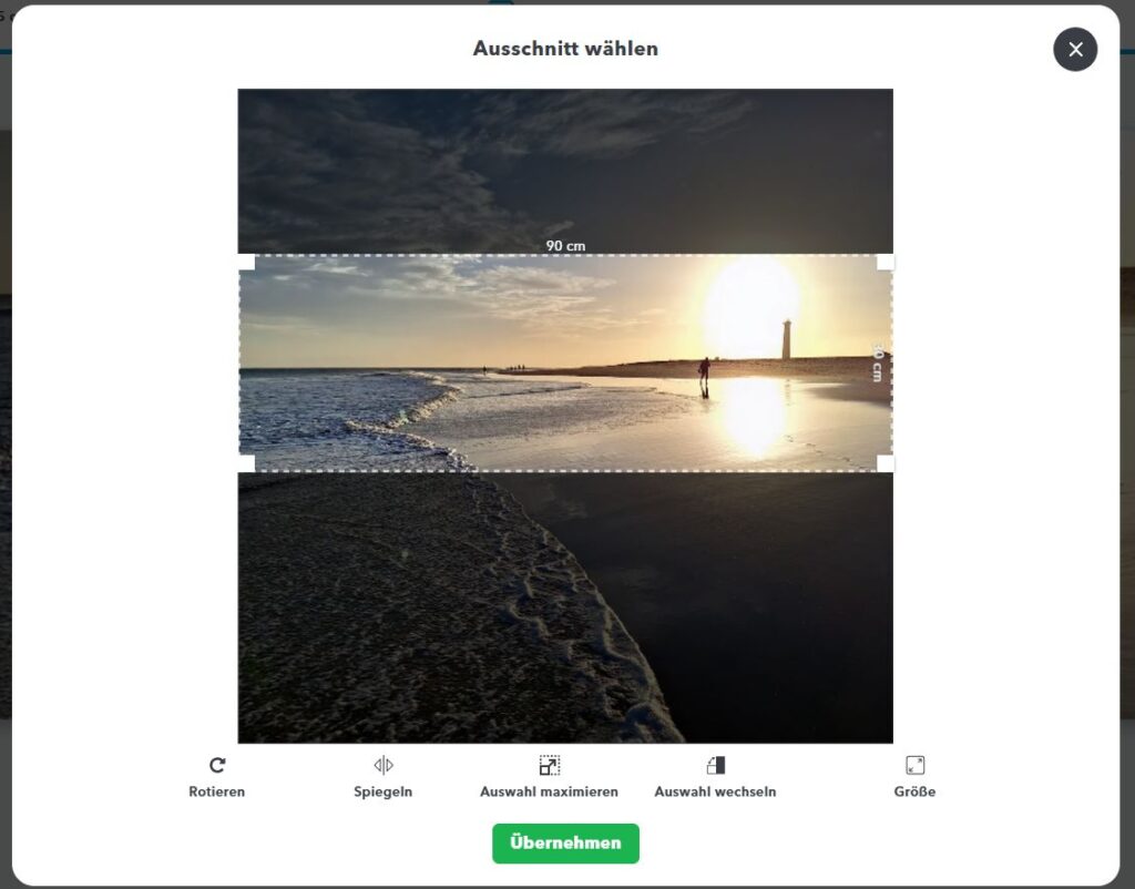 Im Konfigurator von MYPOSTER lässt sich ein Panoramabild in einem zuvor gewählten Format optimal ausrichten.