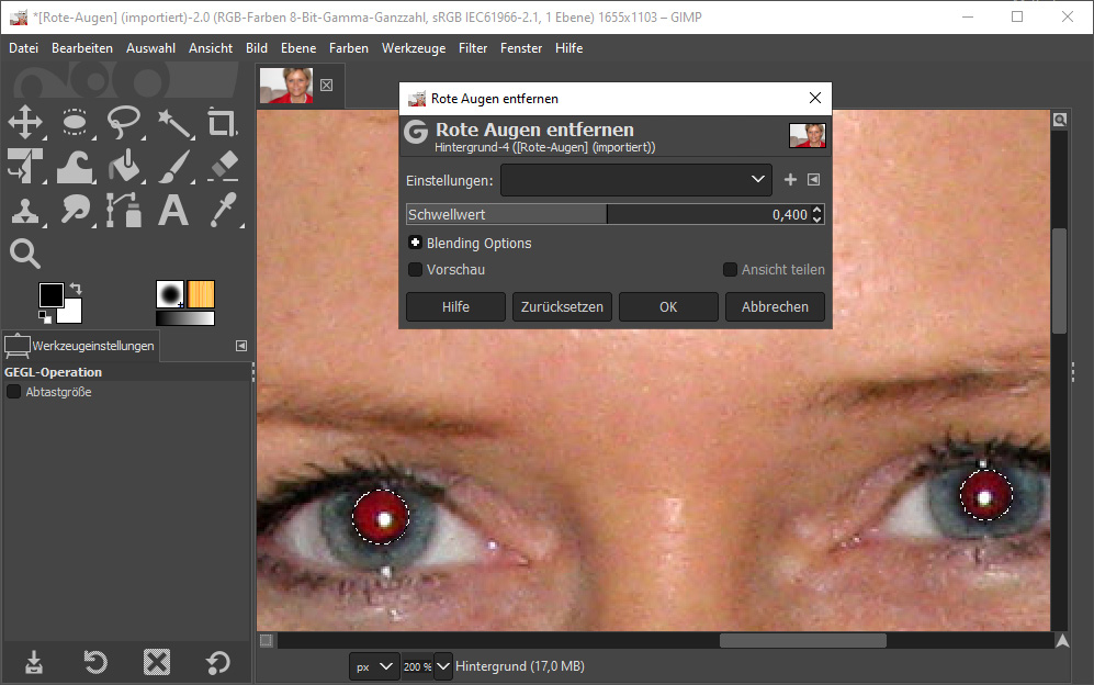 Mit Gimp rote Augen entfernen & andere Retuschen (Gimp Teil 3)