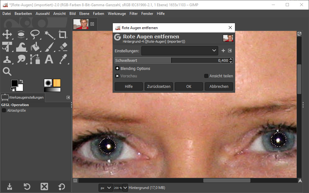 Rote Augen entfernen mit dem Bildbearbeitungsprogramm Gimp