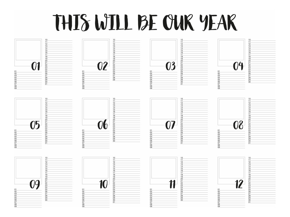 Neutraler Jahreskalender zum Ausdrucken für eigene Fotos (quer)