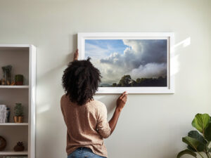 Bilder aufhängen - Beitragsbild: Frau hängt Bild mit Rahmen an die Wand