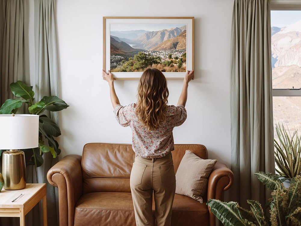 Frau hängt Bild an die Wand