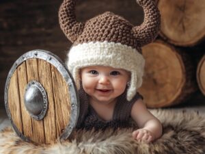 Nordische Jungennamen: Baby als Wikinger verkleidet