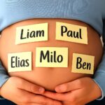 Schöne Jungennamen mit gelben Zetteln auf dem Bauch einer Schwangeren
