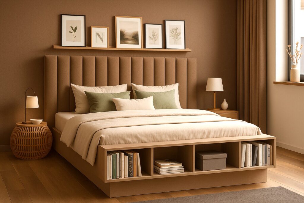 Schlafzimmer im Japandi-Stil in der Farbe Mocha Mousse