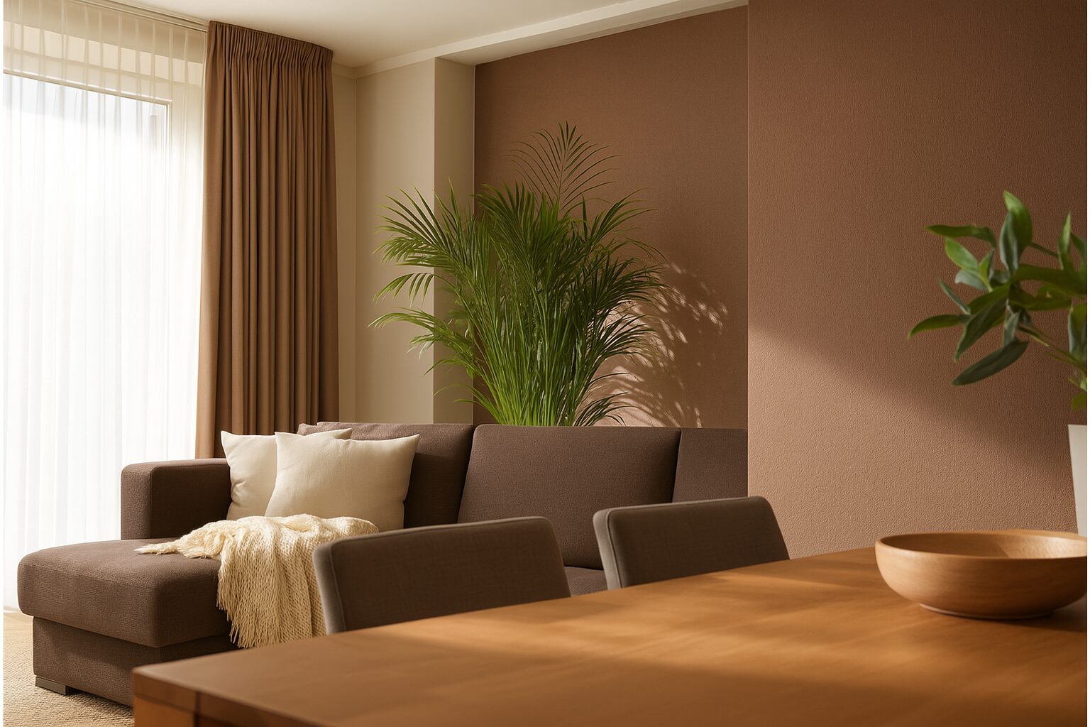 Wohnzimmer-Beispiel in der Trendfarbe 2025 "Mocha Mousse"