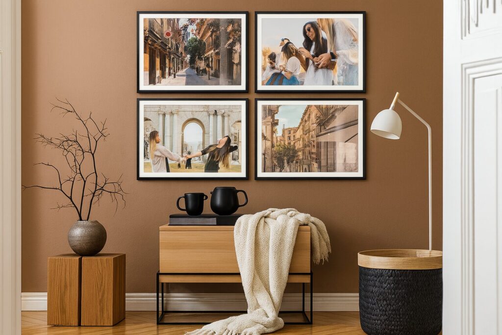 Fotowand in Rasterhängung an einer Wand in Mocha Mousse