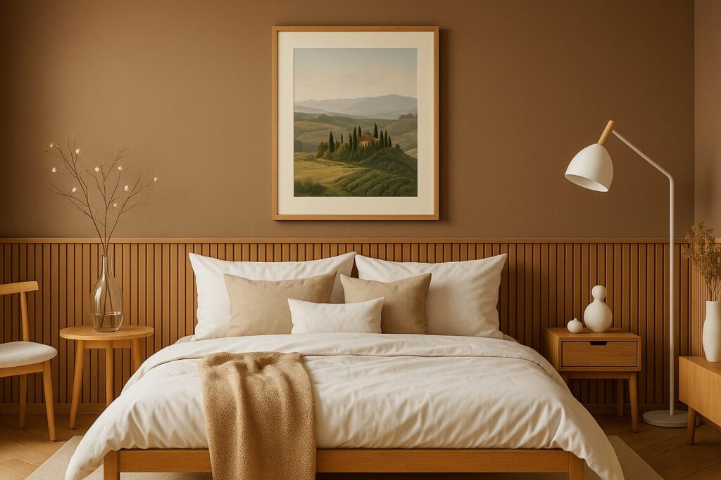 Beispiel für ein Schlafzimmer im Japandistil und in der Trendfarbe 2025 "Mocha Mousse"