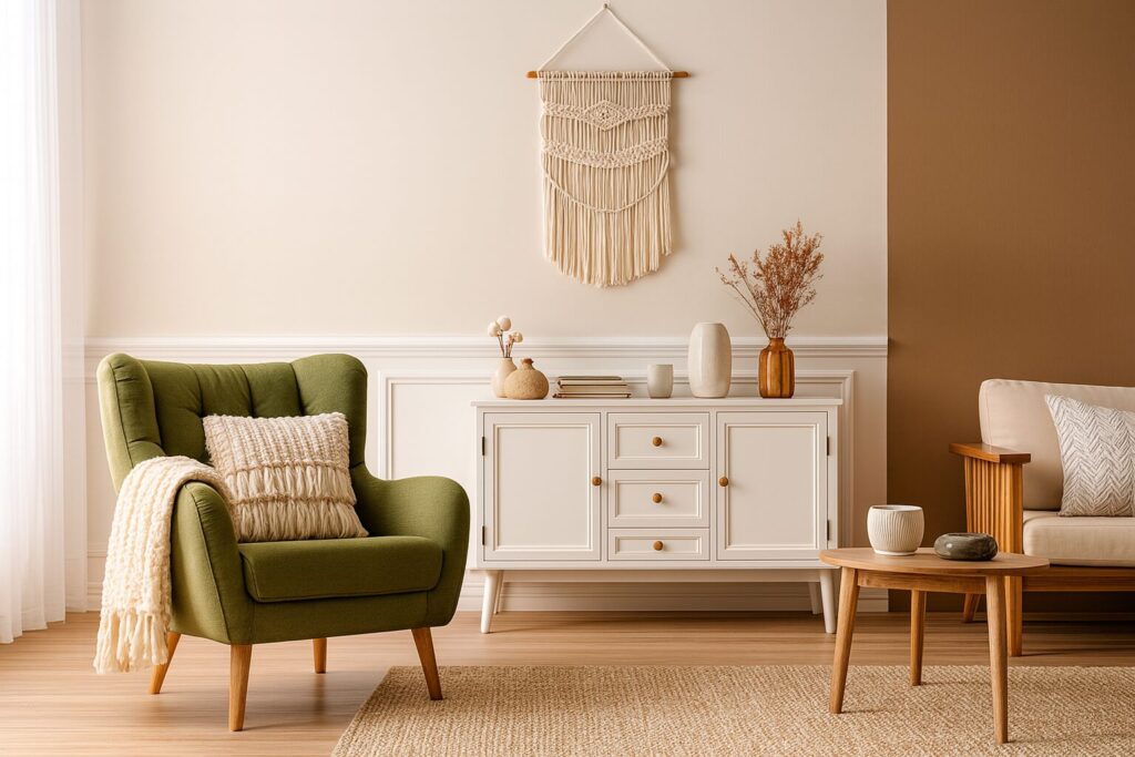 Beispiel für eine Wohnzimmer-Einrichtung im Boho-Stil in Kombination mit Mocha Mousse